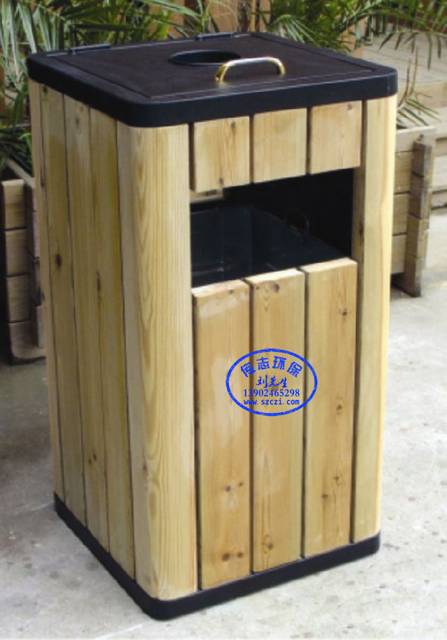 实木方形单桶钢木垃圾桶