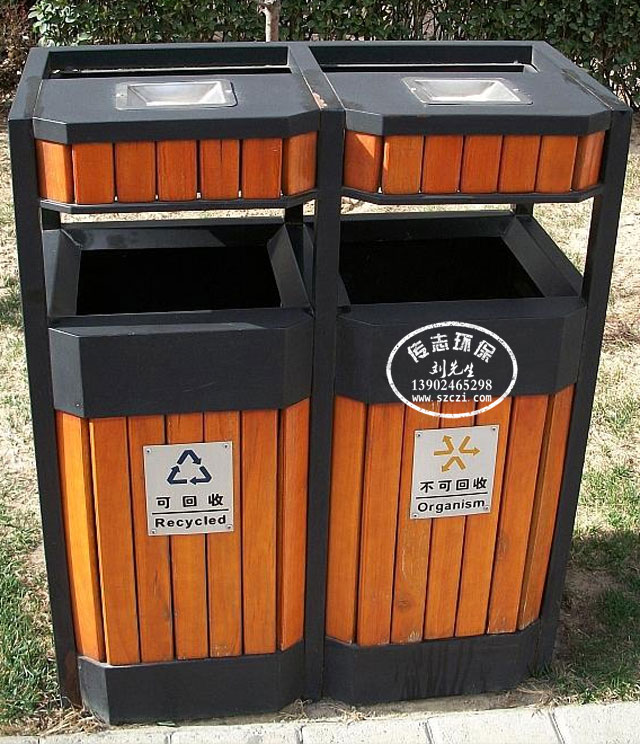 公园环保分类钢木垃圾回收箱
